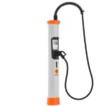 A cylindrical inspection camera with an attached flexible cable. The device is predominantly white with orange accents and features a small display screen on its body.