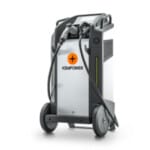 Electric vehicle charging station with wheels, featuring a "Kempower" logo and two charging cables.